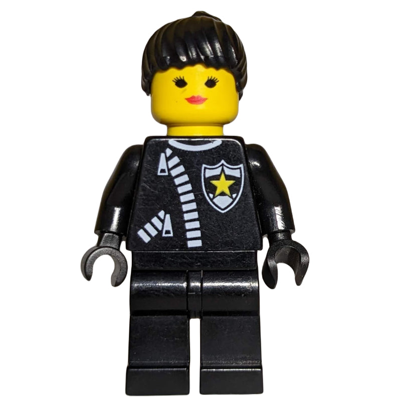 fig-007994 – Policewoman, Black Jacket with Zipper and Badge, Black Hair