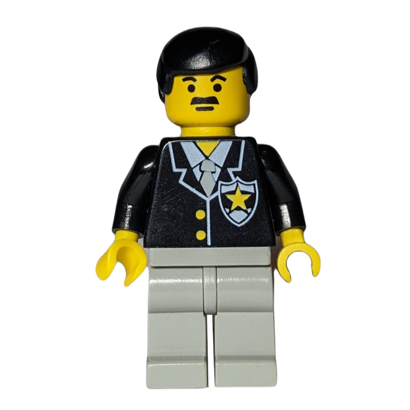 fig-007995 – Policeman, Black Jacket with Tie and Badge, Light Gray Legs, Black Hair, Moustache