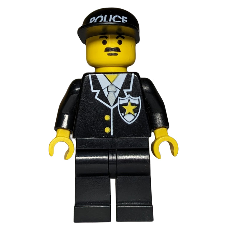 fig-007996 – Policeman, Black Suit with Tie and Badge, Black Cap with 'POLICE', Moustache
