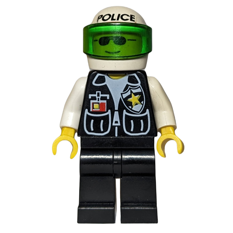 fig-007998 – Policeman, Black Vest with Badge and Pockets, White Helmet with 'POLICE' and Trans-Green Visor, Sunglasses