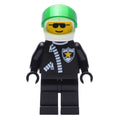 fig-007999 – Policeman, Black Jacket with Zipper and Badge, White Helmet with Trans-Green Visor, Sunglasses