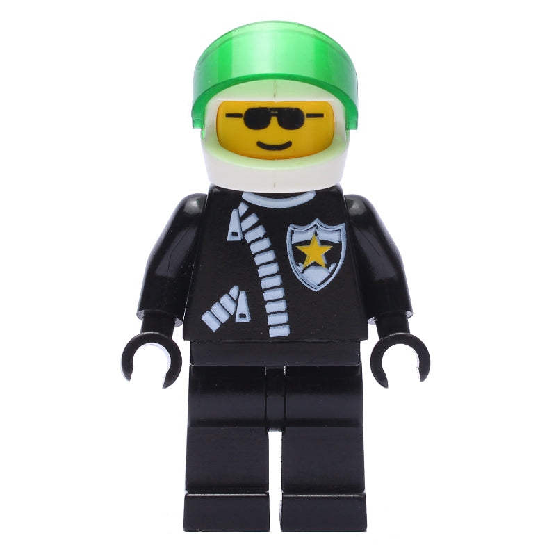 fig-007999 – Policeman, Black Jacket with Zipper and Badge, White Helmet with Trans-Green Visor, Sunglasses