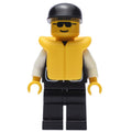 fig-008000 – Policeman, Black Vest with Badge and Pockets, Black Cap, Yellow Life Vest, Sunglasses