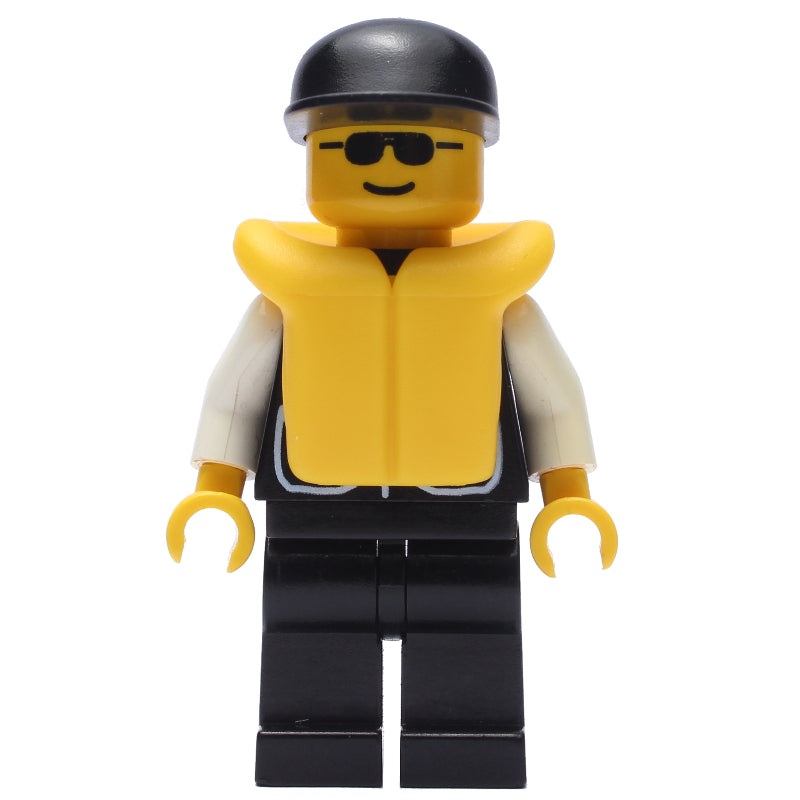 fig-008000 – Policeman, Black Vest with Badge and Pockets, Black Cap, Yellow Life Vest, Sunglasses