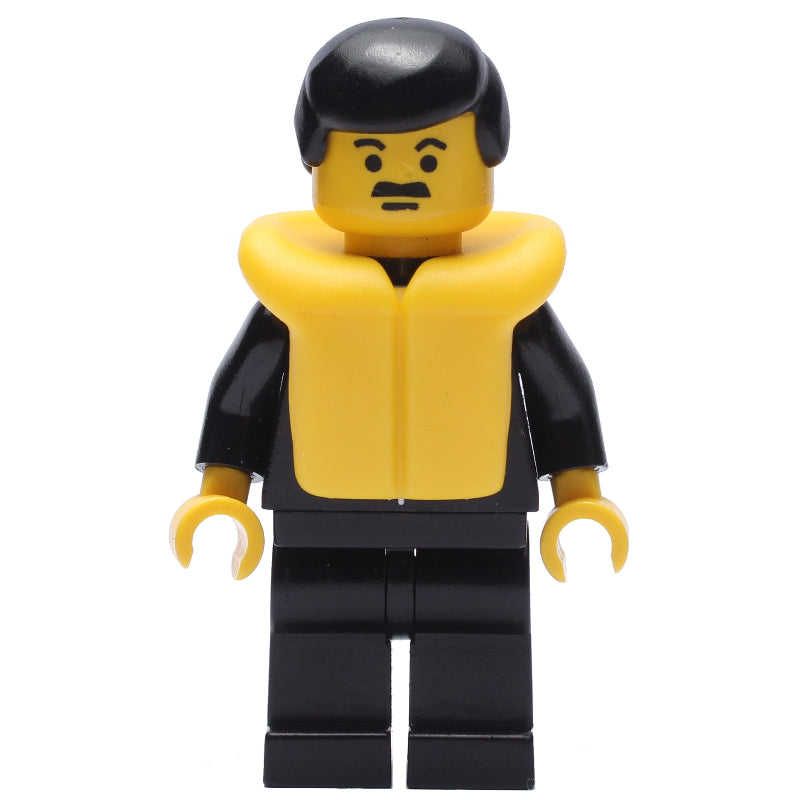 fig-008001 – Policeman, Black Suit with Tie and Badge, Black Hair, Yellow Life Vest, Moustache