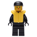 fig-008002 – Policewoman, Black Jacket with Zipper and Badge, Black Cap, Yellow Life Vest