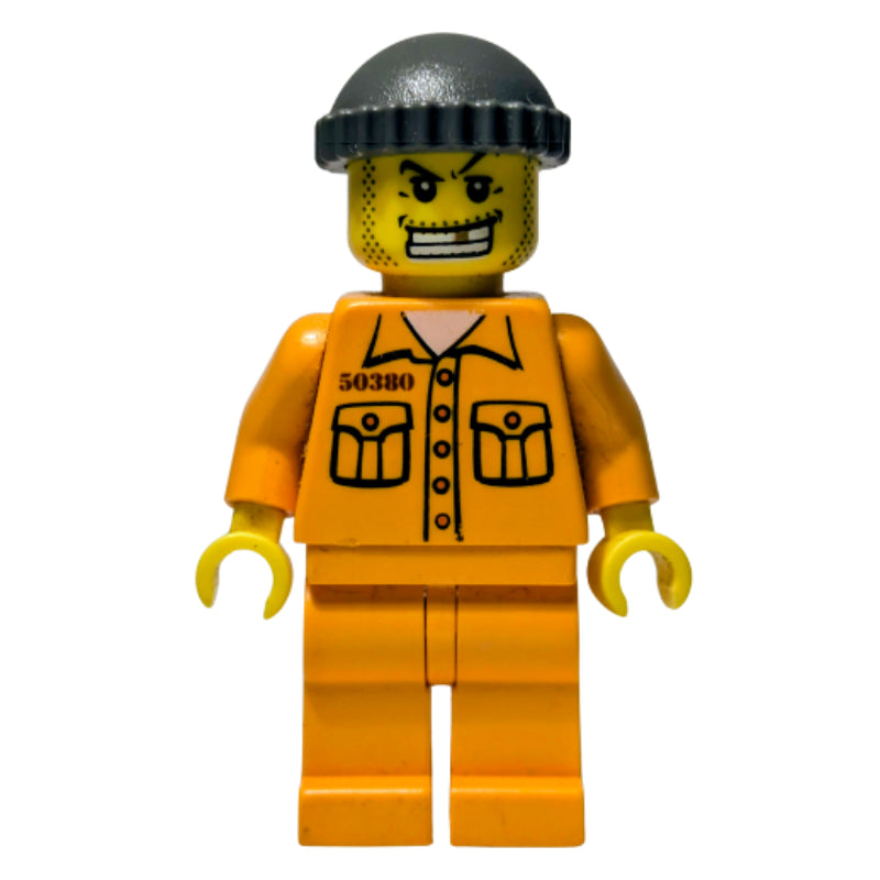 fig-008006 – Criminal, Orange Prison Outfit with #50380, Dark Gray Hat, Gold Tooth