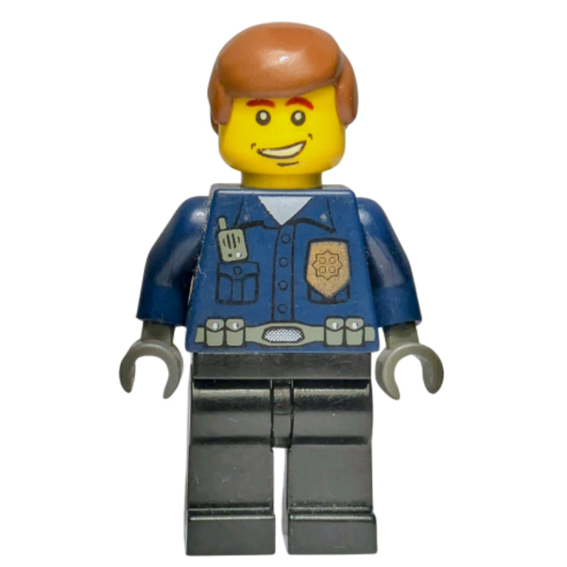 fig-008008 – Policeman, Dark Blue Shirt with Radio and Badge, Black Legs, Brown Hair