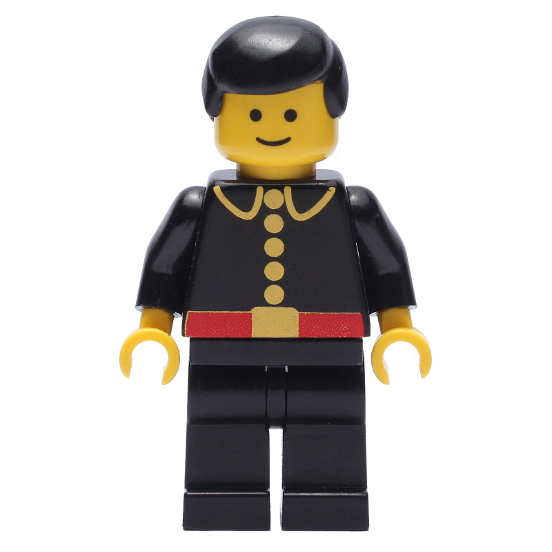 fig-008011 – Fireman, Classic, Black Fire Jacket with Red Belt and Buttons, Black Hair