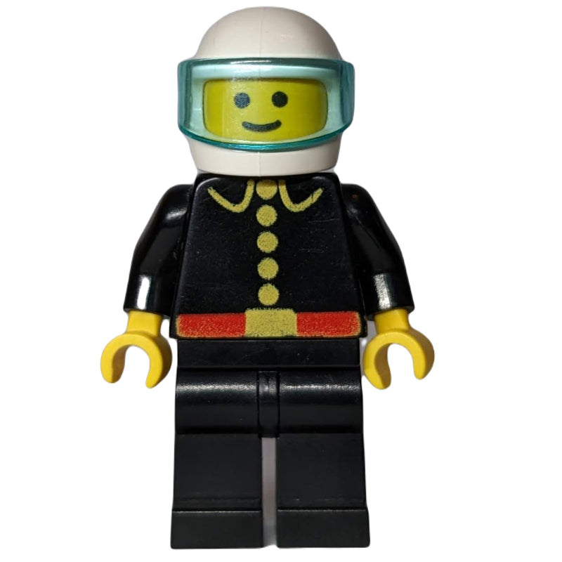 fig-008012 – Fireman, Classic, Black Fire Jacket with Red Belt and Buttons, White Helmet with Visor