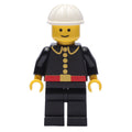 fig-008013 – Fireman, Classic, Black Fire Jacket with Red Belt and Buttons, White Hard Hat