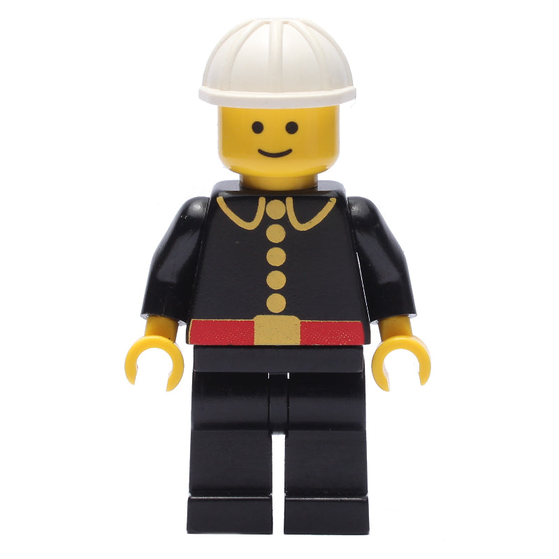 fig-008013 – Fireman, Classic, Black Fire Jacket with Red Belt and Buttons, White Hard Hat