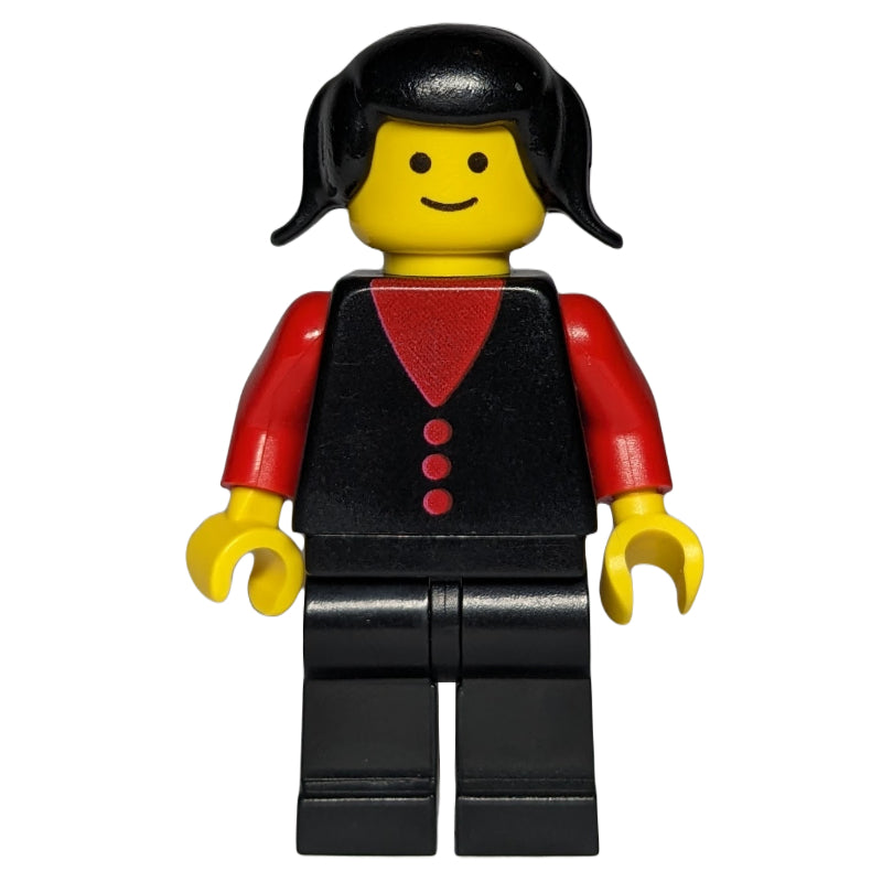fig-008015 – Woman, Black Vest over Red Top, Black Legs, Black Hair