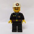 fig-008016 – Fireman, Black Fire Jacket with Red Belt and Badge, White Helmet with Fire Logo, Moustache