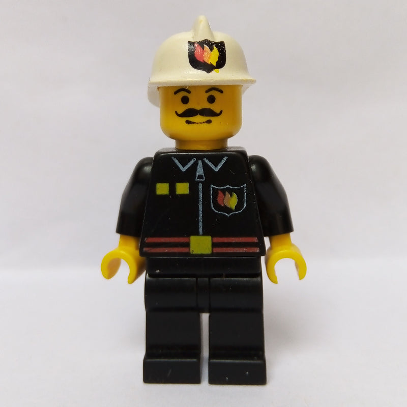 fig-008016 – Fireman, Black Fire Jacket with Red Belt and Badge, White Helmet with Fire Logo, Moustache