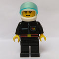 fig-008017 – Fireman, Black Fire Jacket with Red Belt and Badge, White Helmet with Visor