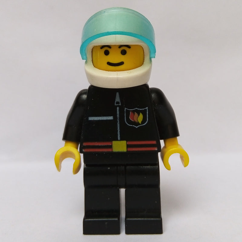 fig-008017 – Fireman, Black Fire Jacket with Red Belt and Badge, White Helmet with Visor