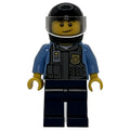 fig-008018 – Policeman, Dark Bluish Gray Vest with Radio, Badge and Pouches over Medium Blue Shirt, Black Helmet with Visor