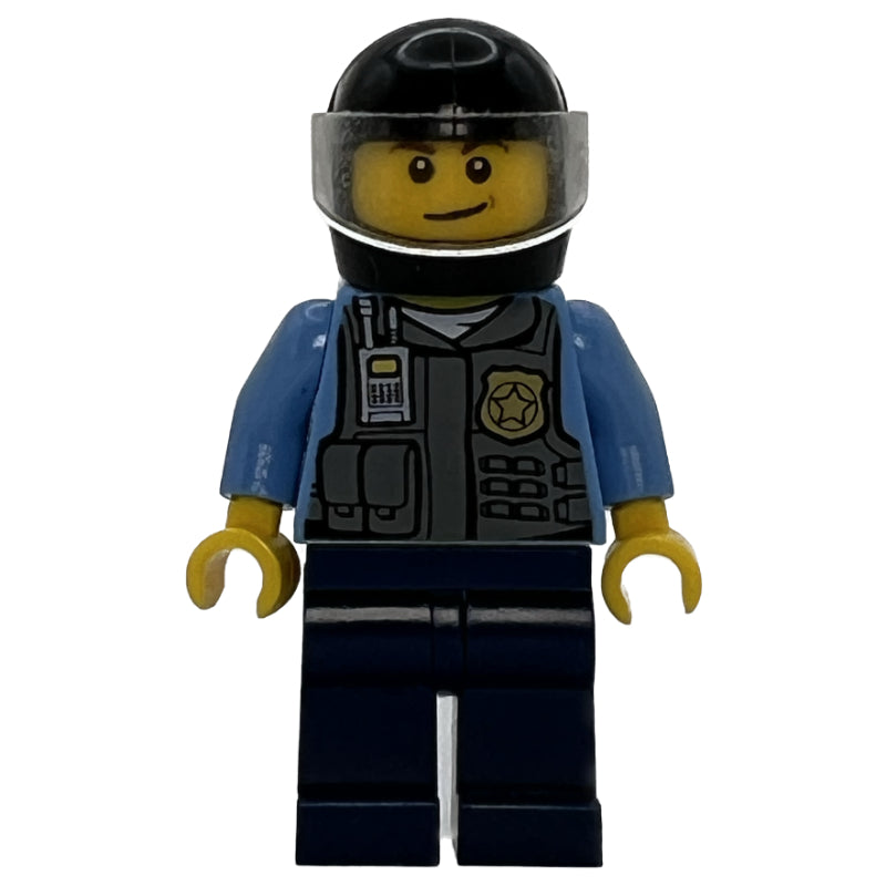 fig-008018 – Policeman, Dark Bluish Gray Vest with Radio, Badge and Pouches over Medium Blue Shirt, Black Helmet with Visor