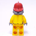 fig-008023 – Fireman, Bright Light Orange Fire Suit, Dark Red Helmet, Breathing Apparatus, Airtanks, Sweat Drops
