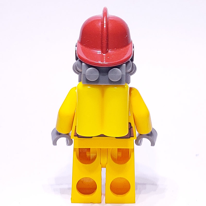 fig-008023 – Fireman, Bright Light Orange Fire Suit, Dark Red Helmet, Breathing Apparatus, Airtanks, Sweat Drops