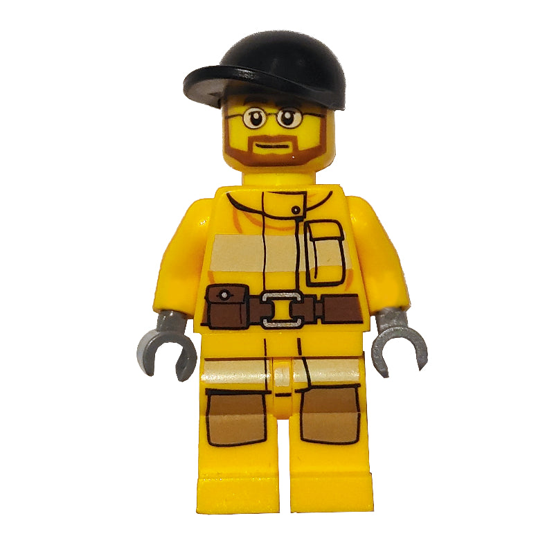 fig-008024 – Fireman, Bright Light Orange Fire Suit, Black Cap, Beard and Glasses