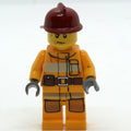 fig-008025 – Fireman, Bright Light Orange Fire Suit, Dark Red Helmet, Sweat Drops