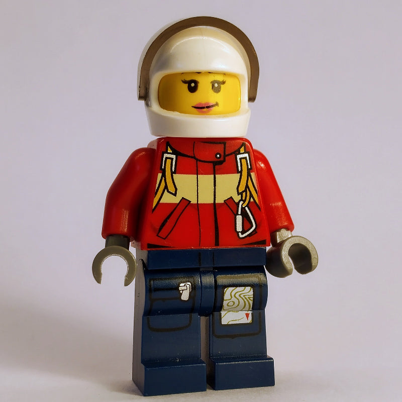 fig-008026 – Firewoman, Red Jacket with Straps, Dark Blue Legs, White Helmet with Visor