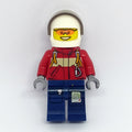 fig-008027 – Fireman, Red Jacket with Straps, Dark Blue Legs, White Helmet with Visor, Orange Sunglasses