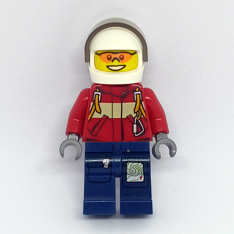 fig-008027 – Fireman, Red Jacket with Straps, Dark Blue Legs, White Helmet with Visor, Orange Sunglasses