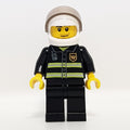 fig-008028 – Fireman, Black Fire Jacket with Reflective Stripes, Radio, and Badge, White Helmet with Visor, Stubble