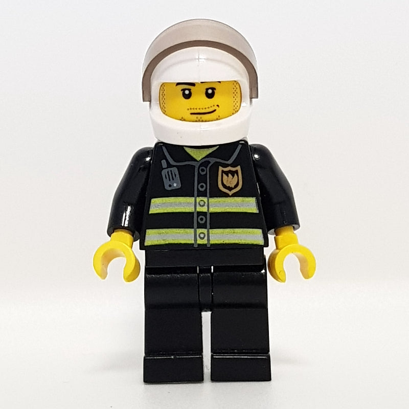 fig-008028 – Fireman, Black Fire Jacket with Reflective Stripes, Radio, and Badge, White Helmet with Visor, Stubble