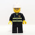 fig-008029 – Fireman, Black Fire Jacket with Reflective Stripes, Radio, and Badge, White Helmet, Glasses