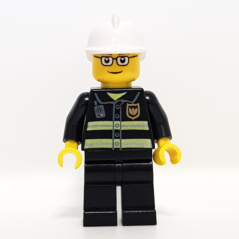 fig-008029 – Fireman, Black Fire Jacket with Reflective Stripes, Radio, and Badge, White Helmet, Glasses