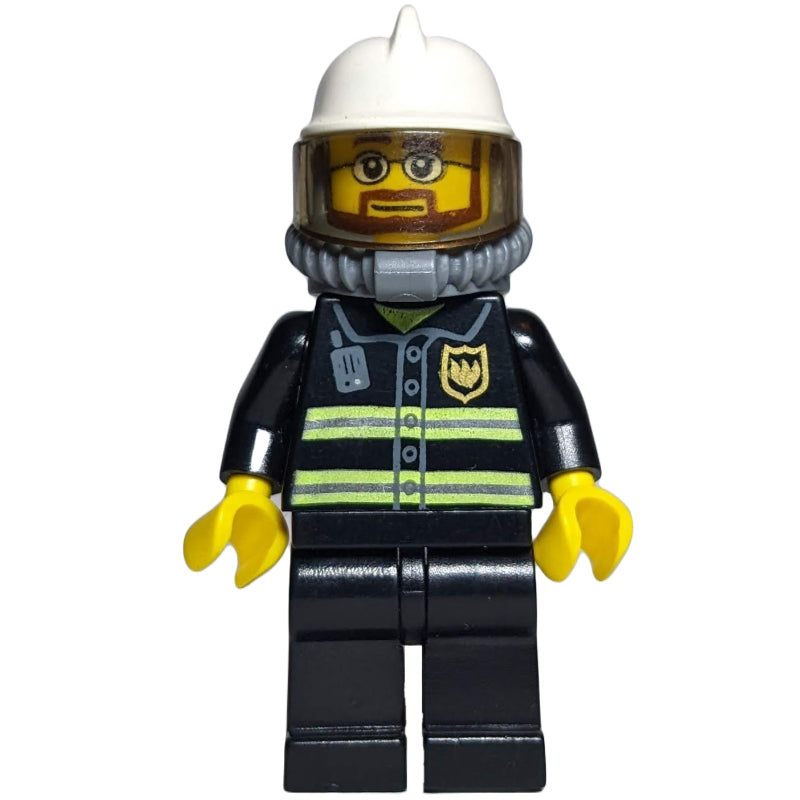 fig-008030 – Fireman, Black Fire Jacket with Reflective Stripes, Radio, and Badge, White Helmet with Visor, Breathing Apparatus, Airtanks, Beard and Glasses