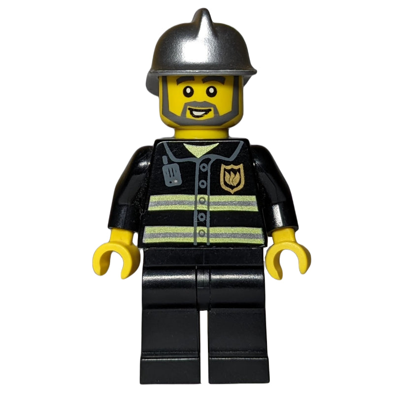 fig-008031 – Fireman, Black Fire Jacket with Radio and Badge, Silver Helmet, Beard
