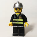 fig-008032 – Fireman, Black Fire Jacket with Reflective Stripes, Radio, and Badge, Silver Helmet, Beard and Glasses