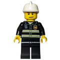 fig-008033 – Fireman, Black Fire Jacket with Reflective Stripes, Radio, and Badge, White Helmet, Stern