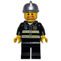 fig-008034 – Fireman, Black Fire Jacket with Reflective Stripes, Radio, and Badge, Silver Helmet, Goatee Beard