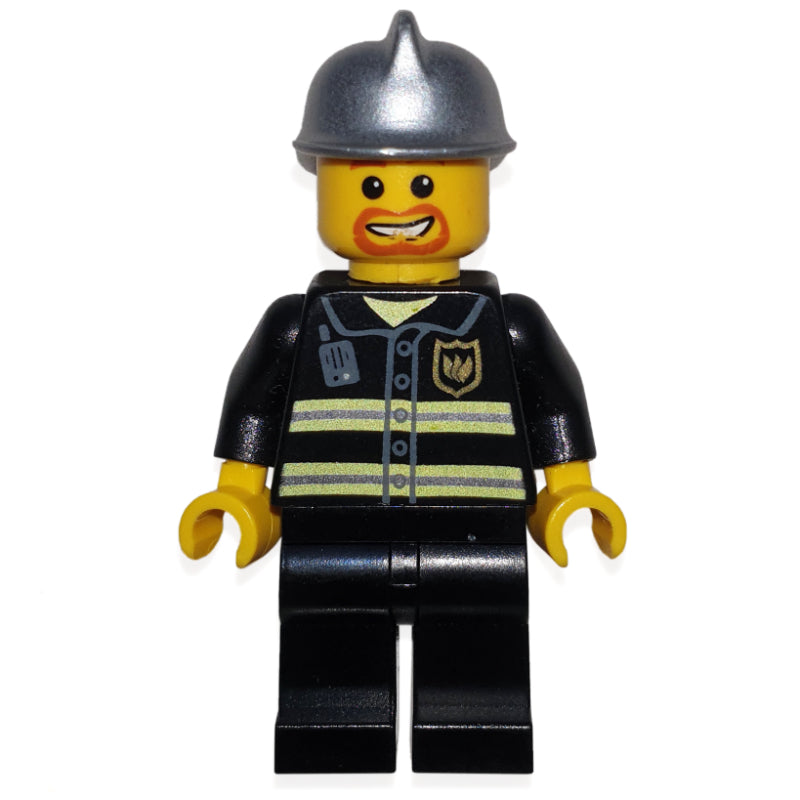 fig-008034 – Fireman, Black Fire Jacket with Reflective Stripes, Radio, and Badge, Silver Helmet, Goatee Beard