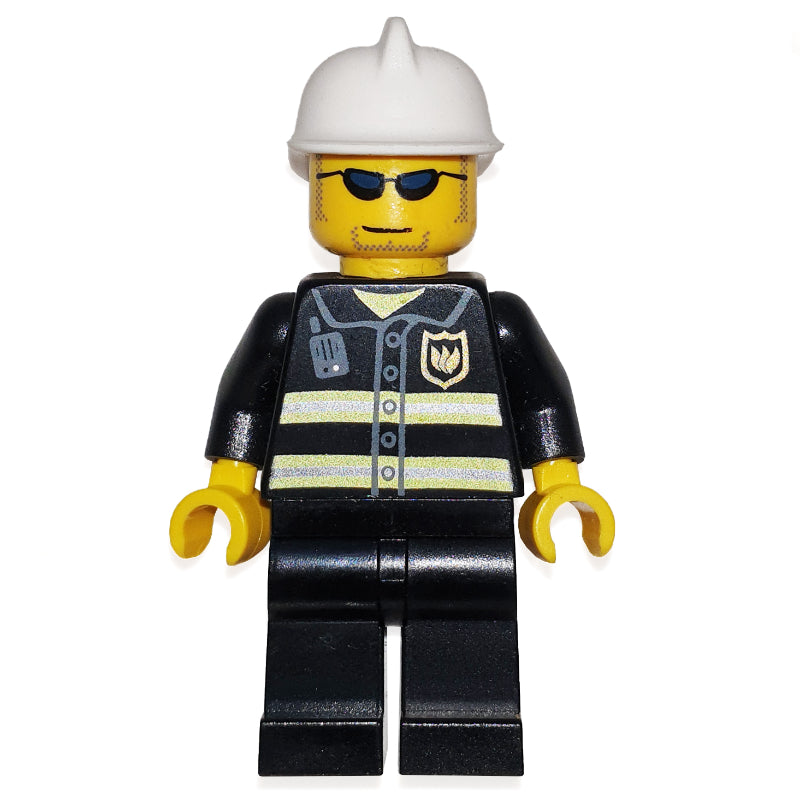 fig-008035 – Fireman, Black Fire Jacket with Reflective Stripes, Radio, and Badge, White Helmet, Sunglasses