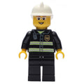 fig-008036 – Fireman, Black Fire Jacket with Reflective Stripes, Radio, and Badge, White Helmet, Glasses