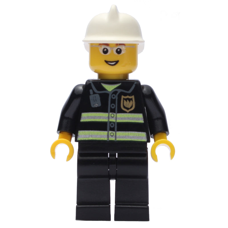 fig-008036 – Fireman, Black Fire Jacket with Reflective Stripes, Radio, and Badge, White Helmet, Glasses