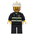 fig-008037 – Fireman, Black Fire Jacket with Reflective Stripes, Radio, and Badge, White Helmet, Beard