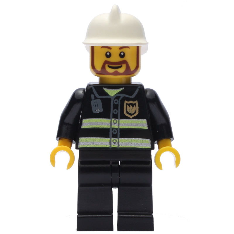 fig-008037 – Fireman, Black Fire Jacket with Reflective Stripes, Radio, and Badge, White Helmet, Beard