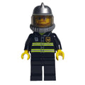 fig-008038 – Fireman, Black Fire Jacket with Reflective Stripes, Radio, and Badge, Silver Helmet, Breathing Apparatus, Airtanks, Beard and Glasses