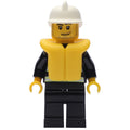 fig-008039 – Fireman, Black Fire Jacket with Reflective Stripes, Radio, and Badge, White Helmet, Yellow Life Vest 2610, Stubble