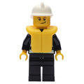 fig-008040 – Fireman, Black Fire Jacket with Reflective Stripes, Radio, and Badge, White Helmet, Yellow Life Vest 2610