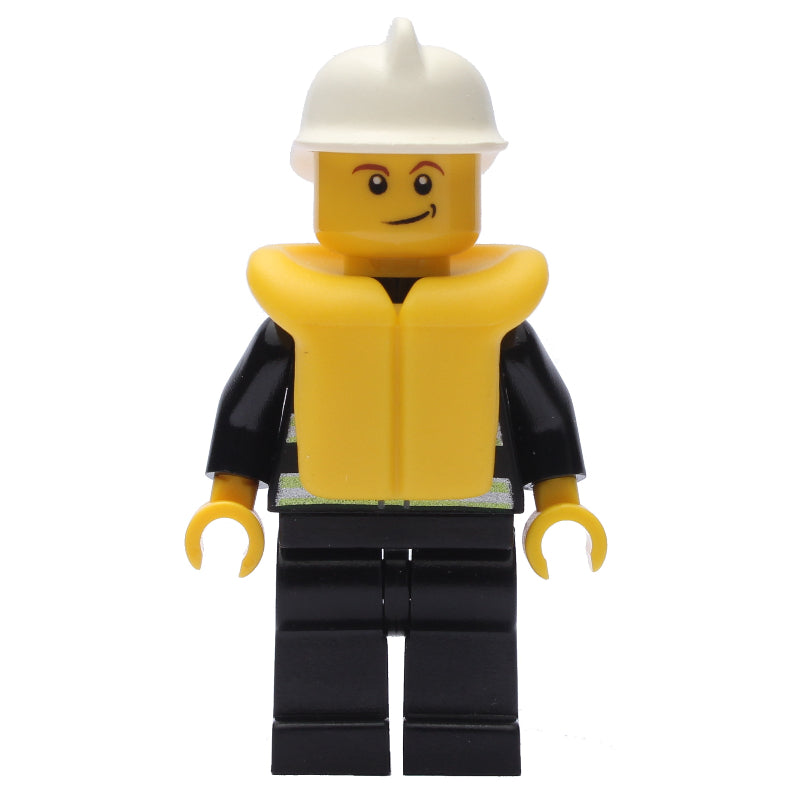 fig-008040 – Fireman, Black Fire Jacket with Reflective Stripes, Radio, and Badge, White Helmet, Yellow Life Vest 2610
