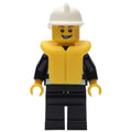fig-008041 – Fireman, Black Fire Jacket with Reflective Stripes, Radio, and Badge, White Helmet, Yellow Life Vest 2610, Open Mouth